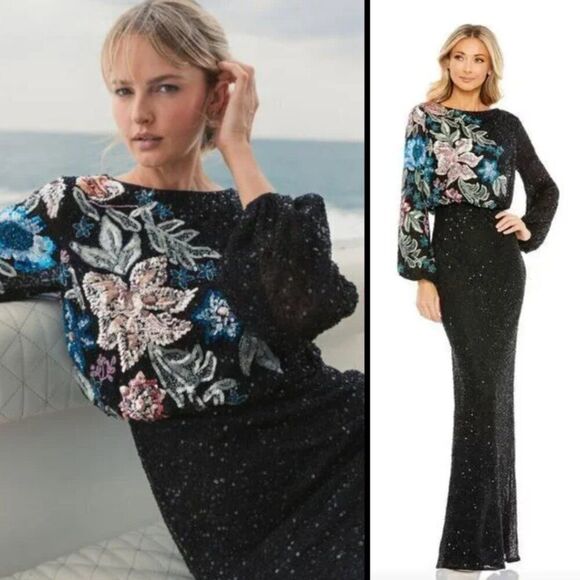 Mac Duggal 5615 Womens Black Embellished Floral High Neck Gown Maxi Dress